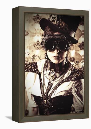 Portrait Of A Beautiful Steampunk Woman Over Vintage Background-prometeus-Framed Stretched Canvas