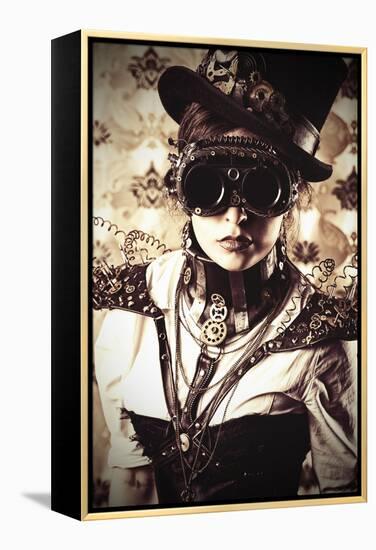 Portrait Of A Beautiful Steampunk Woman Over Vintage Background-prometeus-Framed Stretched Canvas