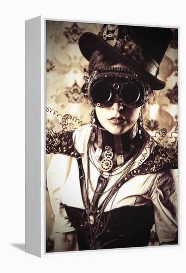 Portrait Of A Beautiful Steampunk Woman Over Vintage Background-prometeus-Framed Stretched Canvas