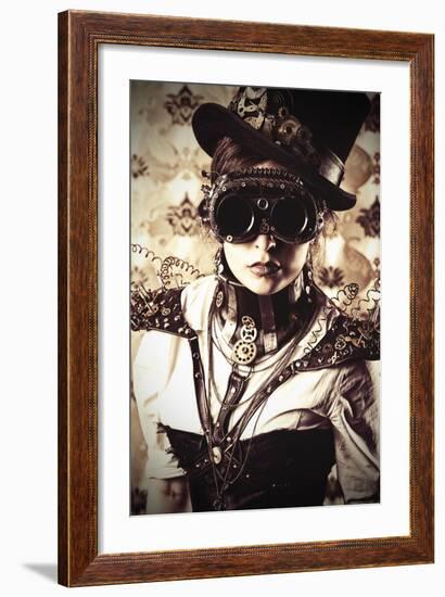 Portrait Of A Beautiful Steampunk Woman Over Vintage Background-prometeus-Framed Premium Giclee Print