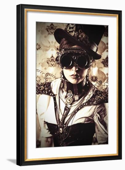 Portrait Of A Beautiful Steampunk Woman Over Vintage Background-prometeus-Framed Premium Giclee Print