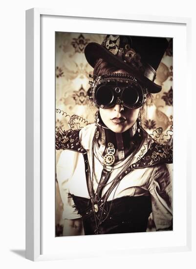 Portrait Of A Beautiful Steampunk Woman Over Vintage Background-prometeus-Framed Art Print