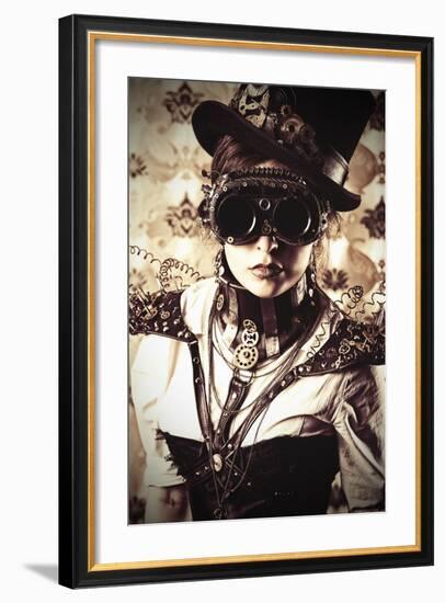 Portrait Of A Beautiful Steampunk Woman Over Vintage Background-prometeus-Framed Art Print