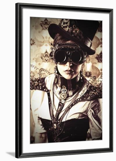 Portrait Of A Beautiful Steampunk Woman Over Vintage Background-prometeus-Framed Art Print