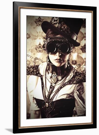 Portrait Of A Beautiful Steampunk Woman Over Vintage Background-prometeus-Framed Art Print