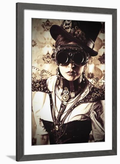 Portrait Of A Beautiful Steampunk Woman Over Vintage Background-prometeus-Framed Art Print