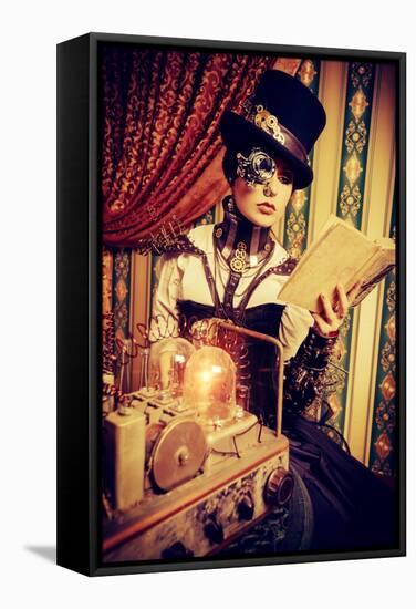 Portrait Of A Beautiful Steampunk Woman Over Vintage Background-prometeus-Framed Stretched Canvas