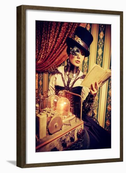 Portrait Of A Beautiful Steampunk Woman Over Vintage Background-prometeus-Framed Premium Giclee Print