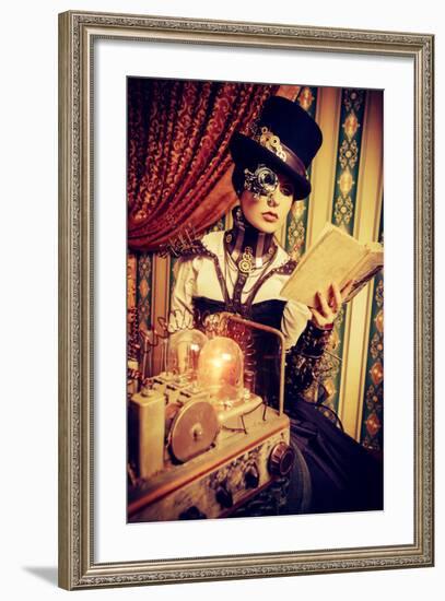 Portrait Of A Beautiful Steampunk Woman Over Vintage Background-prometeus-Framed Art Print