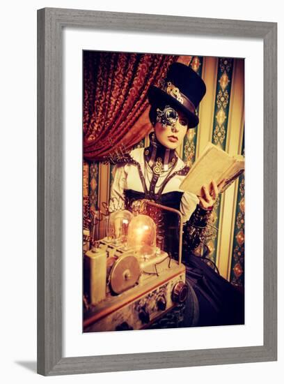 Portrait Of A Beautiful Steampunk Woman Over Vintage Background-prometeus-Framed Art Print