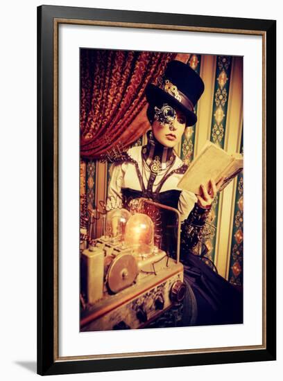 Portrait Of A Beautiful Steampunk Woman Over Vintage Background-prometeus-Framed Art Print