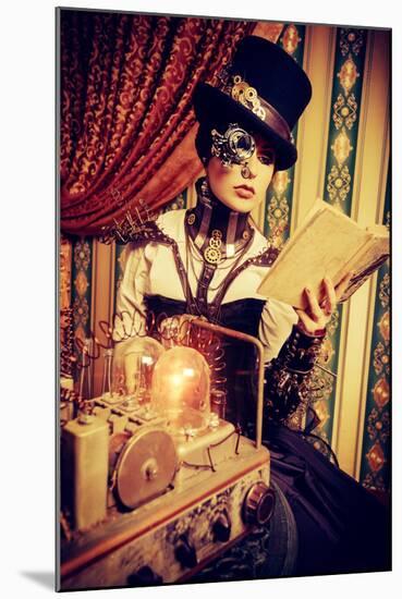 Portrait Of A Beautiful Steampunk Woman Over Vintage Background-prometeus-Mounted Art Print