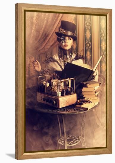 Portrait Of A Beautiful Steampunk Woman Over Vintage Background-prometeus-Framed Stretched Canvas