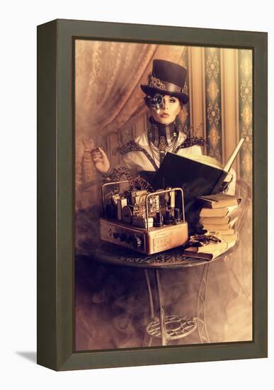 Portrait Of A Beautiful Steampunk Woman Over Vintage Background-prometeus-Framed Stretched Canvas