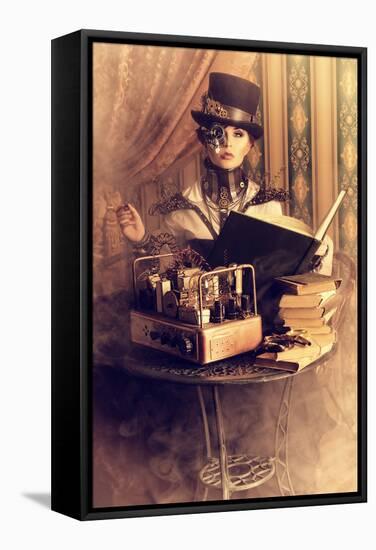 Portrait Of A Beautiful Steampunk Woman Over Vintage Background-prometeus-Framed Stretched Canvas