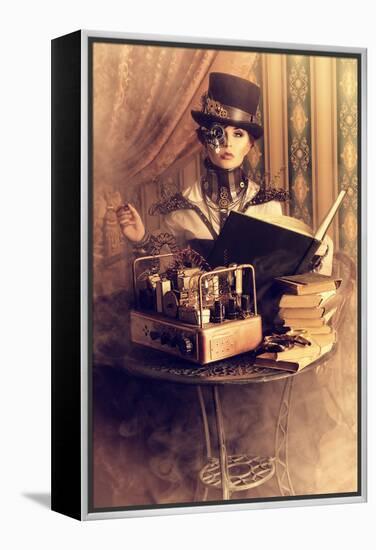 Portrait Of A Beautiful Steampunk Woman Over Vintage Background-prometeus-Framed Stretched Canvas