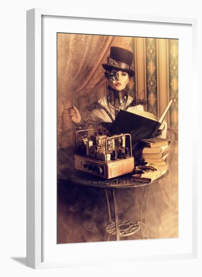 Portrait Of A Beautiful Steampunk Woman Over Vintage Background-prometeus-Framed Premium Giclee Print