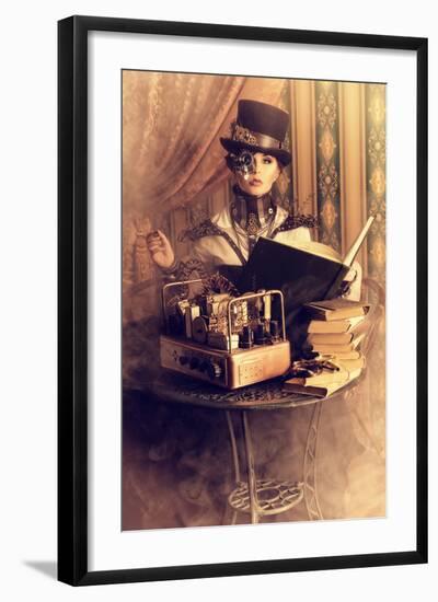 Portrait Of A Beautiful Steampunk Woman Over Vintage Background-prometeus-Framed Premium Giclee Print