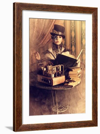 Portrait Of A Beautiful Steampunk Woman Over Vintage Background-prometeus-Framed Premium Giclee Print