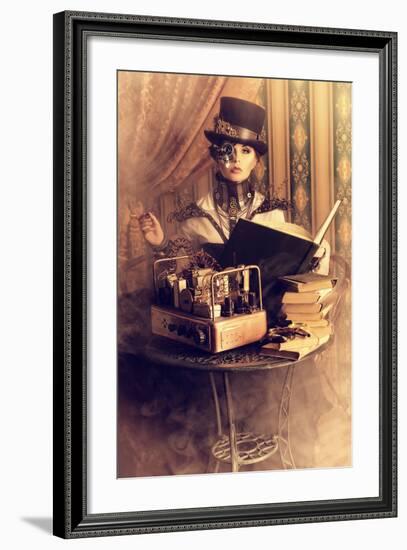 Portrait Of A Beautiful Steampunk Woman Over Vintage Background-prometeus-Framed Art Print