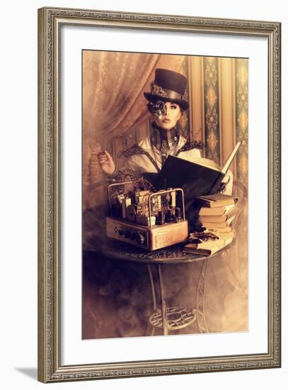 Portrait Of A Beautiful Steampunk Woman Over Vintage Background-prometeus-Framed Art Print