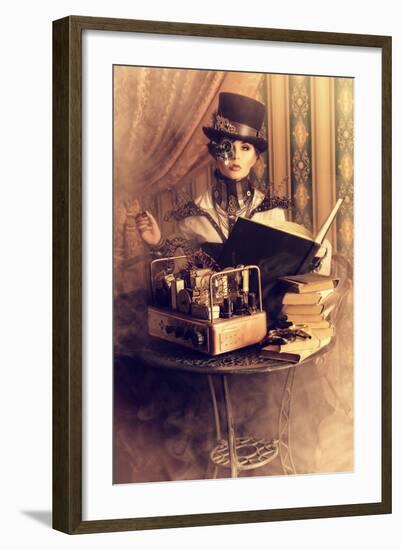 Portrait Of A Beautiful Steampunk Woman Over Vintage Background-prometeus-Framed Art Print