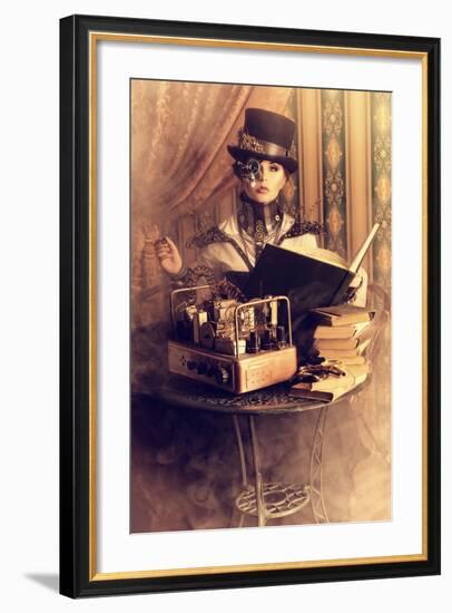 Portrait Of A Beautiful Steampunk Woman Over Vintage Background-prometeus-Framed Art Print