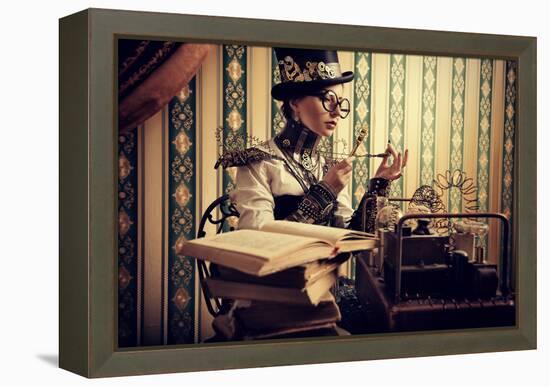 Portrait Of A Beautiful Steampunk Woman Over Vintage Background-prometeus-Framed Stretched Canvas