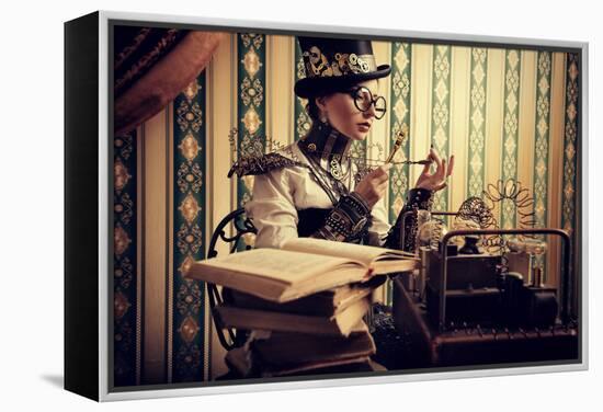 Portrait Of A Beautiful Steampunk Woman Over Vintage Background-prometeus-Framed Stretched Canvas