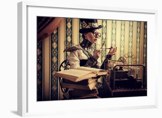 Portrait Of A Beautiful Steampunk Woman Over Vintage Background-prometeus-Framed Premium Giclee Print