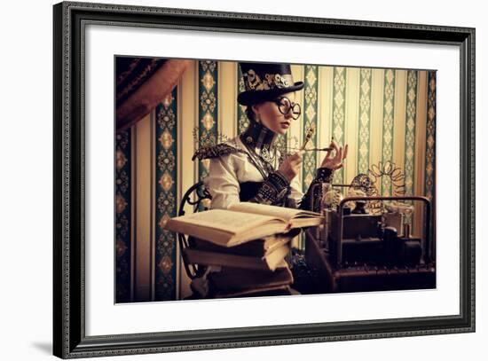 Portrait Of A Beautiful Steampunk Woman Over Vintage Background-prometeus-Framed Art Print