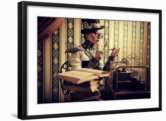 Portrait Of A Beautiful Steampunk Woman Over Vintage Background-prometeus-Framed Art Print