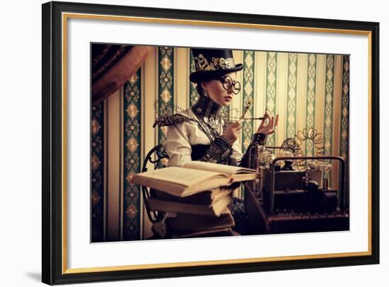 Portrait Of A Beautiful Steampunk Woman Over Vintage Background-prometeus-Framed Art Print