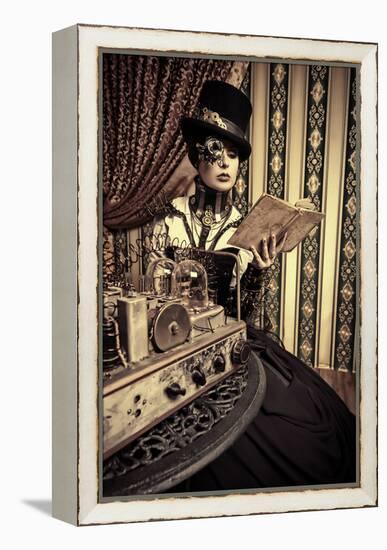 Portrait Of A Beautiful Steampunk Woman Over Vintage Background-prometeus-Framed Stretched Canvas