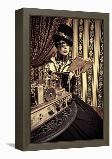 Portrait Of A Beautiful Steampunk Woman Over Vintage Background-prometeus-Framed Stretched Canvas