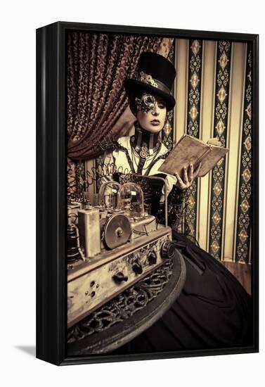 Portrait Of A Beautiful Steampunk Woman Over Vintage Background-prometeus-Framed Stretched Canvas