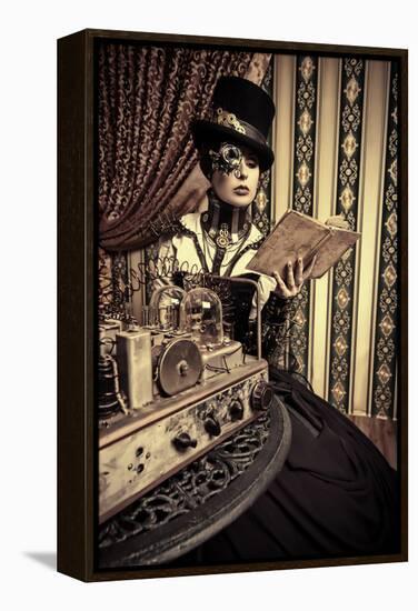 Portrait Of A Beautiful Steampunk Woman Over Vintage Background-prometeus-Framed Stretched Canvas