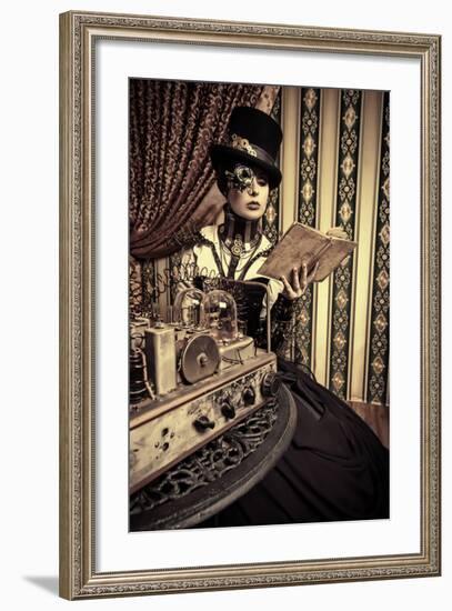 Portrait Of A Beautiful Steampunk Woman Over Vintage Background-prometeus-Framed Premium Giclee Print