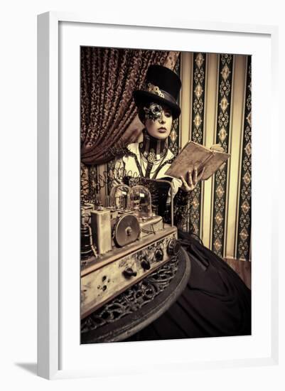 Portrait Of A Beautiful Steampunk Woman Over Vintage Background-prometeus-Framed Premium Giclee Print