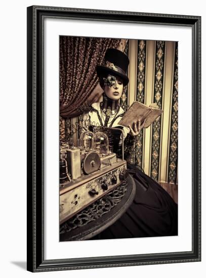 Portrait Of A Beautiful Steampunk Woman Over Vintage Background-prometeus-Framed Art Print