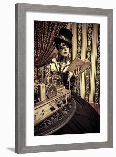 Portrait Of A Beautiful Steampunk Woman Over Vintage Background-prometeus-Framed Art Print