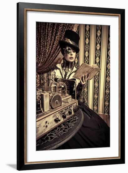 Portrait Of A Beautiful Steampunk Woman Over Vintage Background-prometeus-Framed Art Print