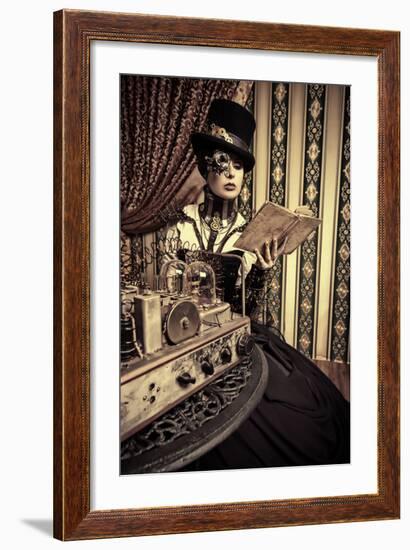 Portrait Of A Beautiful Steampunk Woman Over Vintage Background-prometeus-Framed Art Print