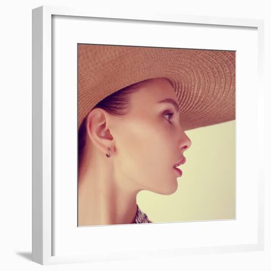 Portrait of a Beautiful Young Brunette Woman in a Hat-Yuliya Yafimik-Framed Photographic Print