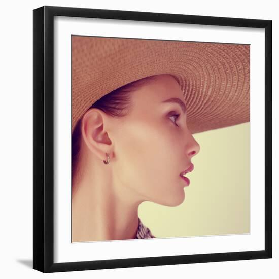 Portrait of a Beautiful Young Brunette Woman in a Hat-Yuliya Yafimik-Framed Photographic Print