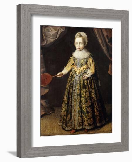 Portrait of a Boy, aged 3, in a Green Dress, Holding a Battledore and Shuttlecock-English School-Framed Giclee Print