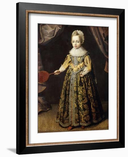 Portrait of a Boy, aged 3, in a Green Dress, Holding a Battledore and Shuttlecock-English School-Framed Giclee Print