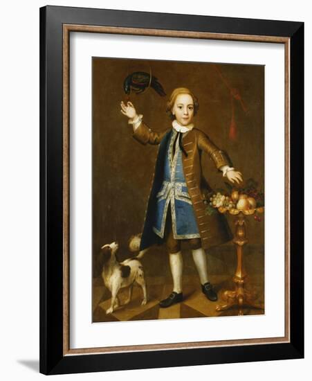 Portrait of a Boy, Holding a Cherry to a Parrot, a Spaniel to His Side, with Fruits on a Stand-John Theodore Heins-Framed Giclee Print