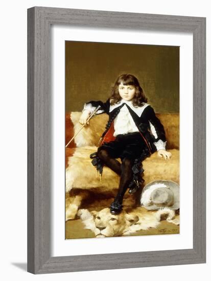 Portrait of a Boy, Seated Full Length, on a Sofa Draped with a Lion Skin-Geza Vastagh-Framed Giclee Print