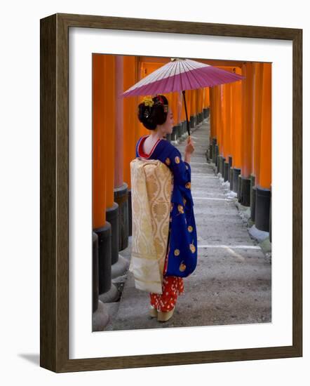 Portrait of a Geisha Holding an Ornate Umbrella at Fushimi-Inari Taisha Shrine, Honshu, Japan-Gavin Hellier-Framed Photographic Print